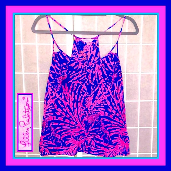 Lilly Pulitzer Silk Tank Spaghetti Strap Swing Racer Back Shell Pink Blue XS - Picture 7 of 16